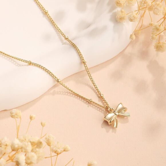 Gold Necklace Bow Knot Necklace Trendy 14K Dainty Tiny Bow Pendant Chain Gift - Picture 4 of 8
